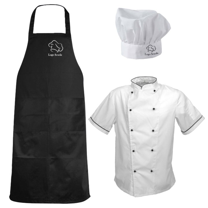 Completo Cuoco divisa Scuola Alberghiera Personalizzabile Kit Divisa per Cucina con Grembiule Cappello e Giacca Estiva