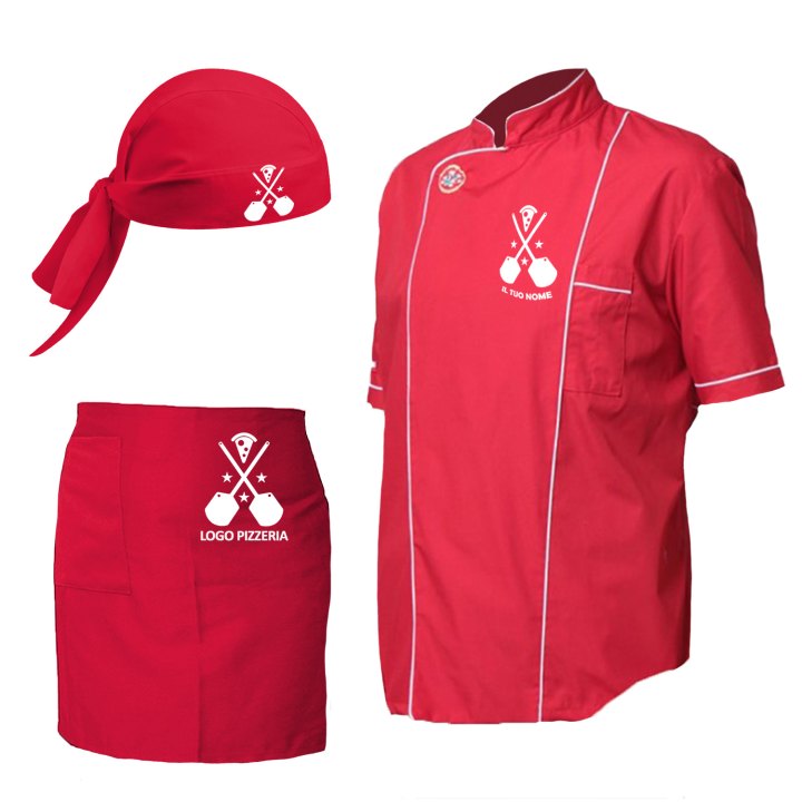 Kit Cucina Ristorante Pizzeria con Casacca mezza manica grembiule corto e bandana Personalizzabile con Logo e Nome