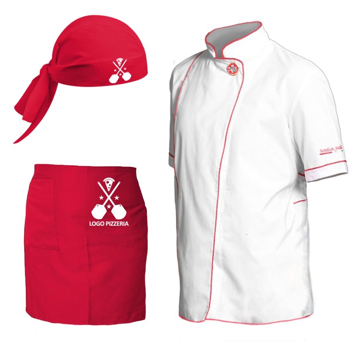 Kit Cucina Ristorante Pizzeria con Casacca mezza manica grembiule corto e bandana Personalizzabile con Logo e Nome