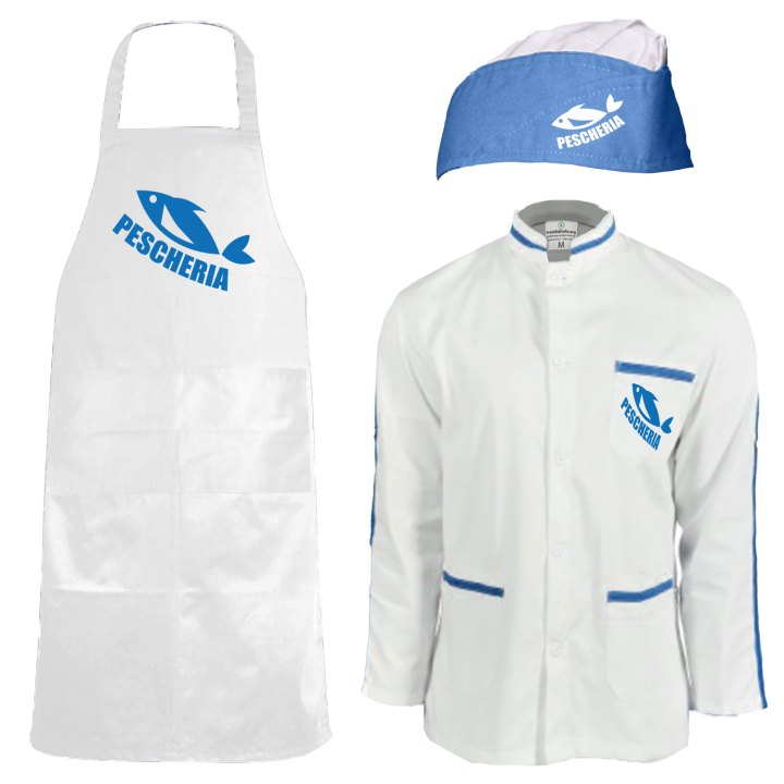 Kit Divisa Uomo Giacca cappello e grembiule per salumerie ortofrutta pescherie laboratori macellerie e supermercati made in italy