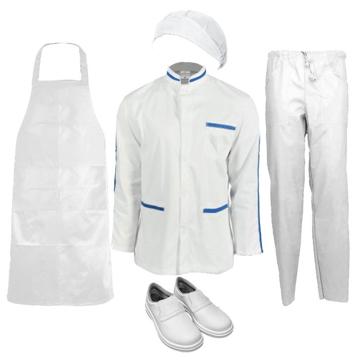 Kit Divisa da Lavoro Uomo operaio con Camice Grembiule Cuffia Pantalone e Scarpe Personalizzabile Caseifici Laboratori e Supermercati