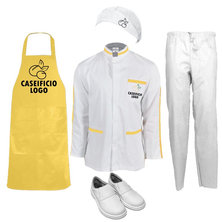 Kit Divisa da Lavoro Uomo operaio con Camice Grembiule Cuffia Pantalone e Scarpe Personalizzabile Caseifici Laboratori e Supermercati