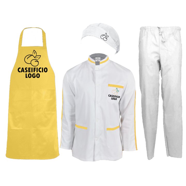 Kit divisa uomo con casacca grembiule cuffia pantalone ideale per caseifici laboratori e supermercati Personalizzabile con il tuo logo o il tuo nome