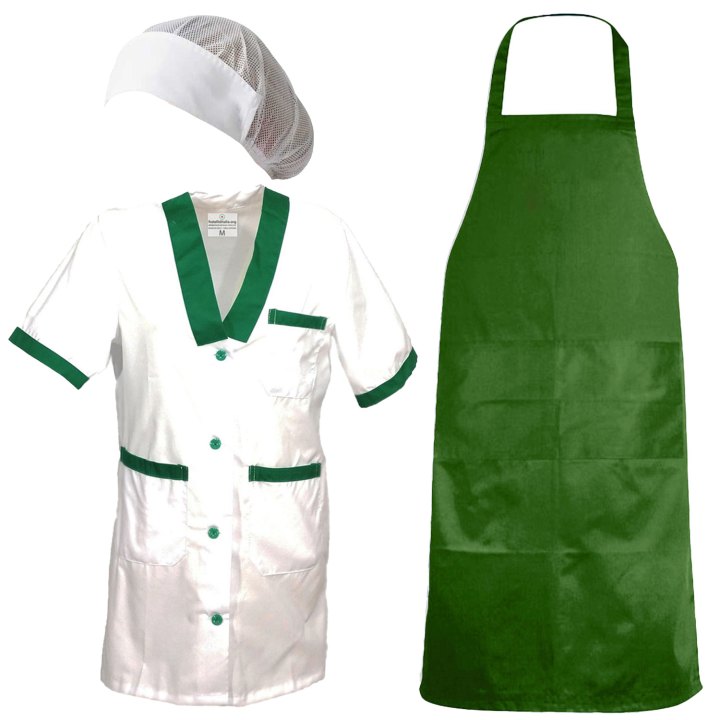Divisa donna con camice grembiule cuffia per lavoro in caseifici laboratori e supermercati. Personalizzabile con logo e nome