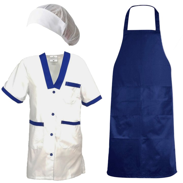 Divisa donna con camice grembiule cuffia per lavoro in caseifici laboratori e supermercati. Personalizzabile con logo e nome