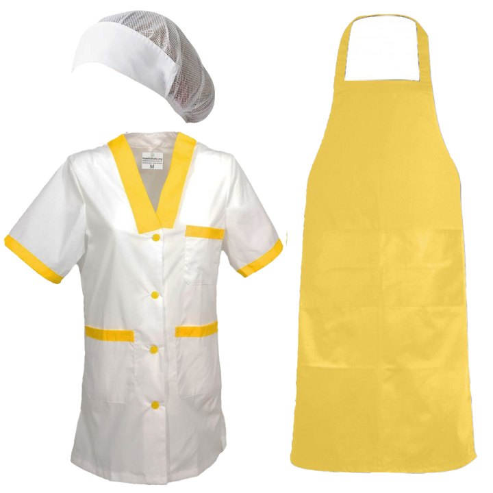 Divisa donna con camice grembiule cuffia per lavoro in caseifici laboratori e supermercati. Personalizzabile con logo e nome