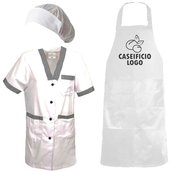 Divisa donna con camice grembiule cuffia per lavoro in caseifici laboratori e supermercati. Personalizzabile con logo e nome