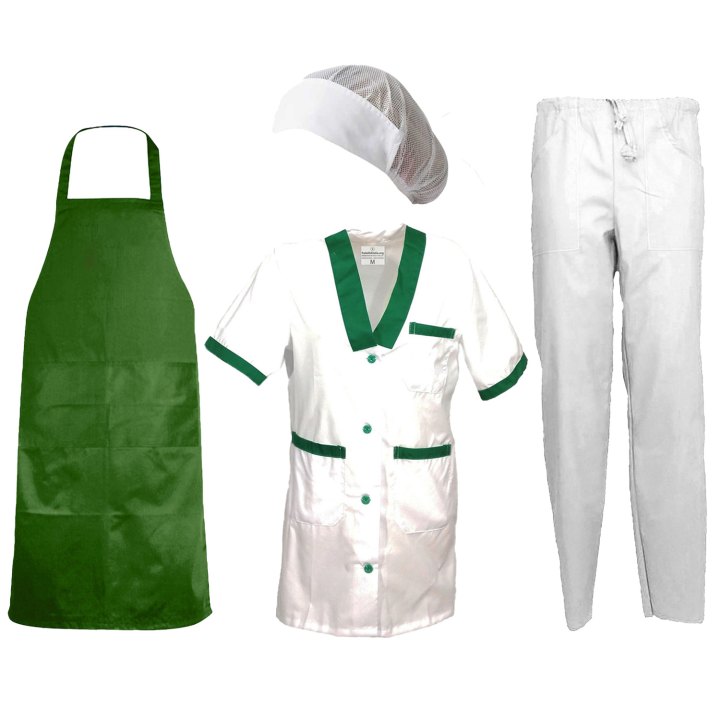 Divisa donna con camice grembiule pantalone cuffia per lavoro in caseifici laboratori e supermercati Personalizzabile con logo e nome