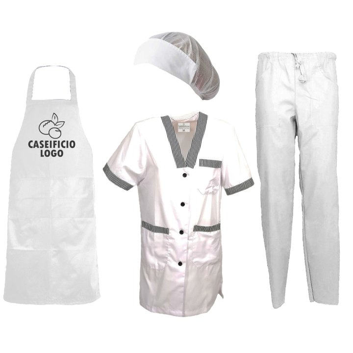 Divisa donna con camice grembiule pantalone cuffia per lavoro in caseifici laboratori e supermercati Personalizzabile con logo e nome