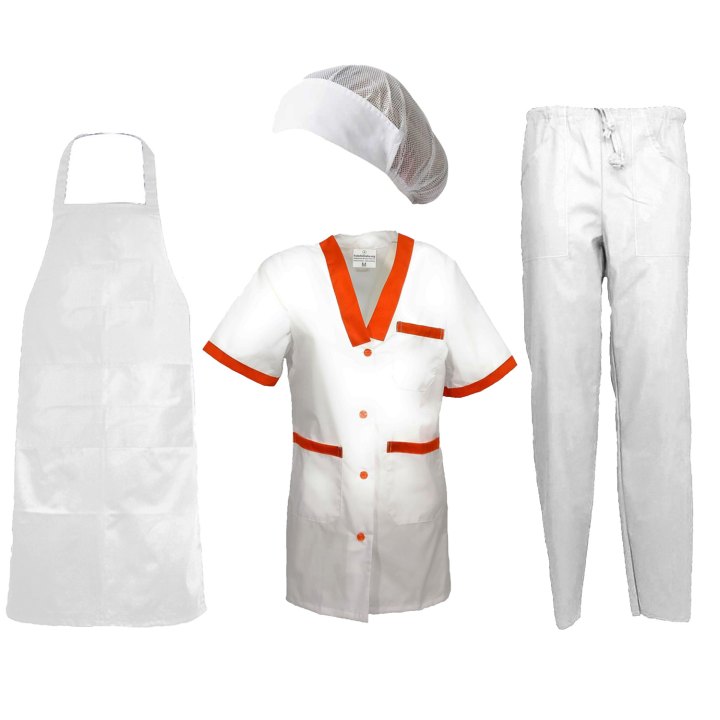 Divisa donna con camice grembiule pantalone cuffia per lavoro in caseifici laboratori e supermercati Personalizzabile con logo e nome