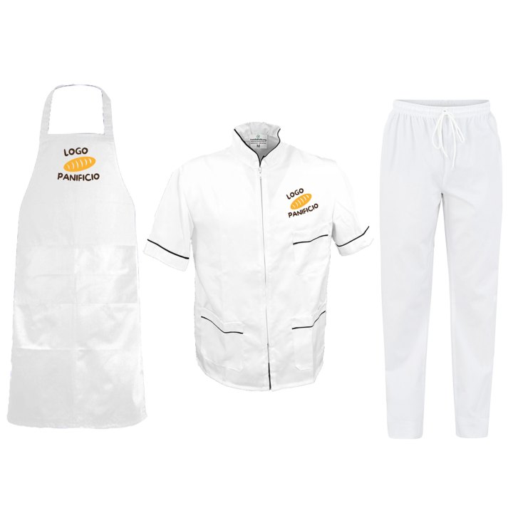 Completo uomo per Panetteria lavoro Bancone con camice casacca Pantalone e Grembiule Personalizzabile con logo e nome
