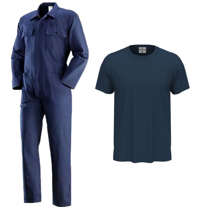 kit Tuta da lavoro blu scuro e t-shirt per lavoratori professionisti in vari settori industria edilizia officina meccanica