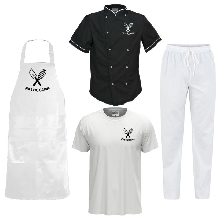 Kit Chef Pasticceria Cucina Forno Personalizzabile Completo con Giacca T-Shirt Grembiule e Pantaloni made in italy