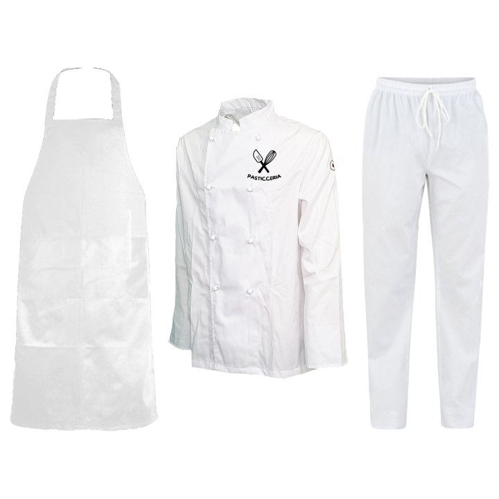 Kit Chef Pasticceria Cucina Forno Personalizzabile Completo con Giacca Grembiule e Pantaloni made in italy