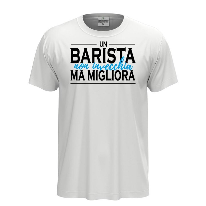 T-shirt mezza manica IL BARISTA NON INVECCHIA cotone con stampa idea regalo Bar uomo donna