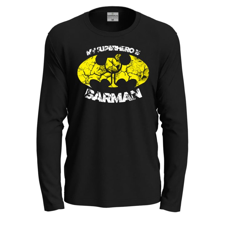 T-shirt classica a manica lunga con stampa BARMAN simpatica divertente bar cartoon idea regalo uomo