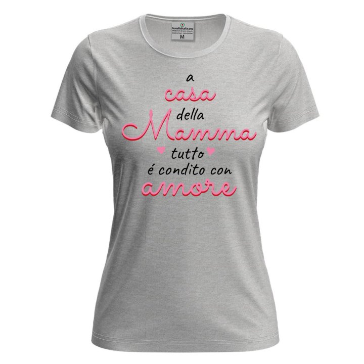 T-shirt maglia manica corta con stampa DTF "condito con amore" compeanno festa della mamma gadget abbigliamento