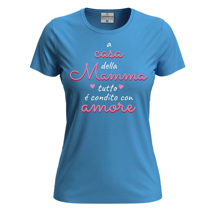 T-shirt maglia manica corta con stampa DTF "condito con amore" compeanno festa della mamma gadget abbigliamento