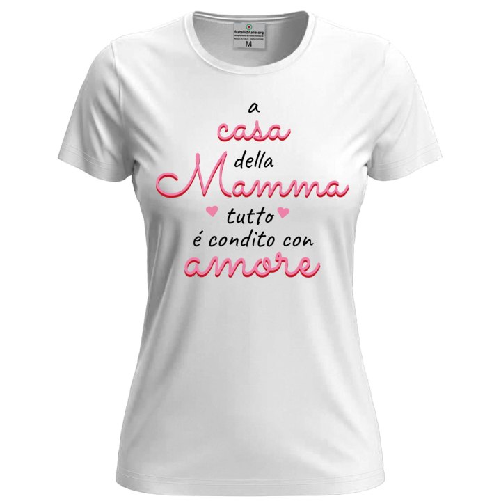 T-shirt maglia manica corta con stampa DTF "condito con amore" compeanno festa della mamma gadget abbigliamento