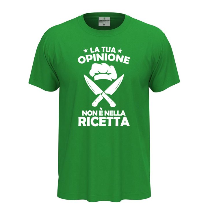 T-shirt classica a manica corta con stampa DTF "LA TUA OPINIONE NON è NELLA RICETTA" chef cuoco divertente