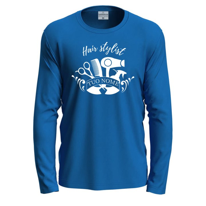 T-shirt a manica lunga con stampa DTF "HAIR STYLIST" per parrucchieri barbieri salone personalizzabile con nome