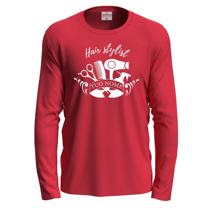 T-shirt a manica lunga con stampa DTF "HAIR STYLIST" per parrucchieri barbieri salone personalizzabile con nome