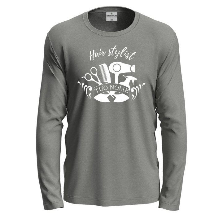 T-shirt a manica lunga con stampa DTF "HAIR STYLIST" per parrucchieri barbieri salone personalizzabile con nome