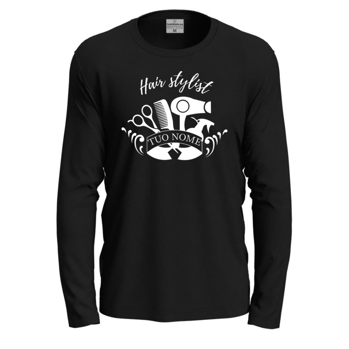T-shirt a manica lunga con stampa DTF "HAIR STYLIST" per parrucchieri barbieri salone personalizzabile con nome