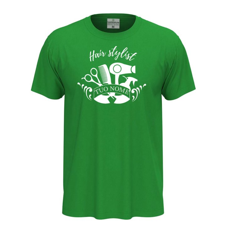 T-shirt unisex a manica corta con stampa DTF "HAIR STYLIST", per parrucchieri barbiere spazzola personalizzabile con nome