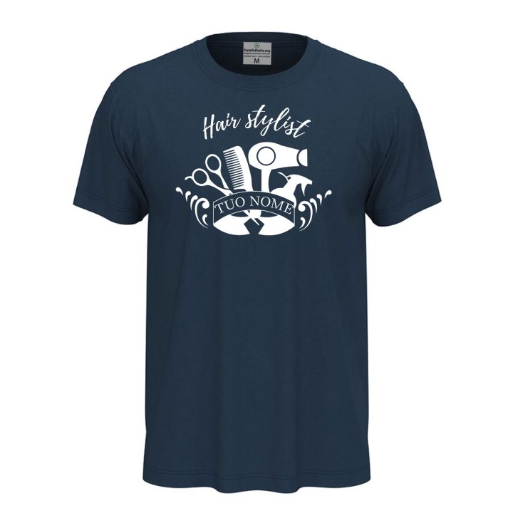 T-shirt unisex a manica corta con stampa DTF "HAIR STYLIST", per parrucchieri barbiere spazzola personalizzabile con nome