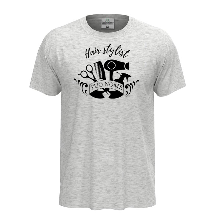 T-shirt unisex a manica corta con stampa DTF "HAIR STYLIST", per parrucchieri barbiere spazzola personalizzabile con nome