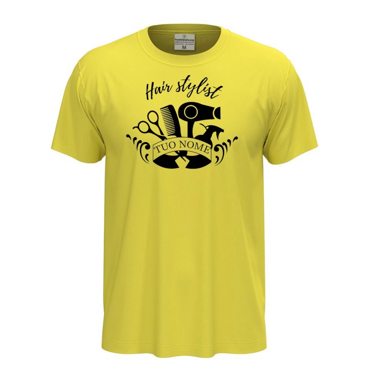 T-shirt unisex a manica corta con stampa DTF "HAIR STYLIST", per parrucchieri barbiere spazzola personalizzabile con nome