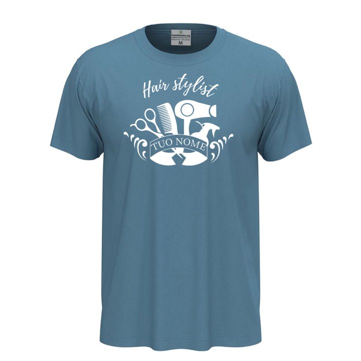 T-shirt unisex a manica corta con stampa DTF "HAIR STYLIST", per parrucchieri barbiere spazzola personalizzabile con nome