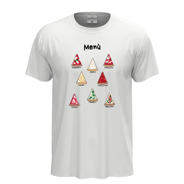T-shirt classica unisex a manica corta con stampa DTF"MENU' PIZZA", divertente  pizza pizzeria pizzaioli ristorante cibo cucina