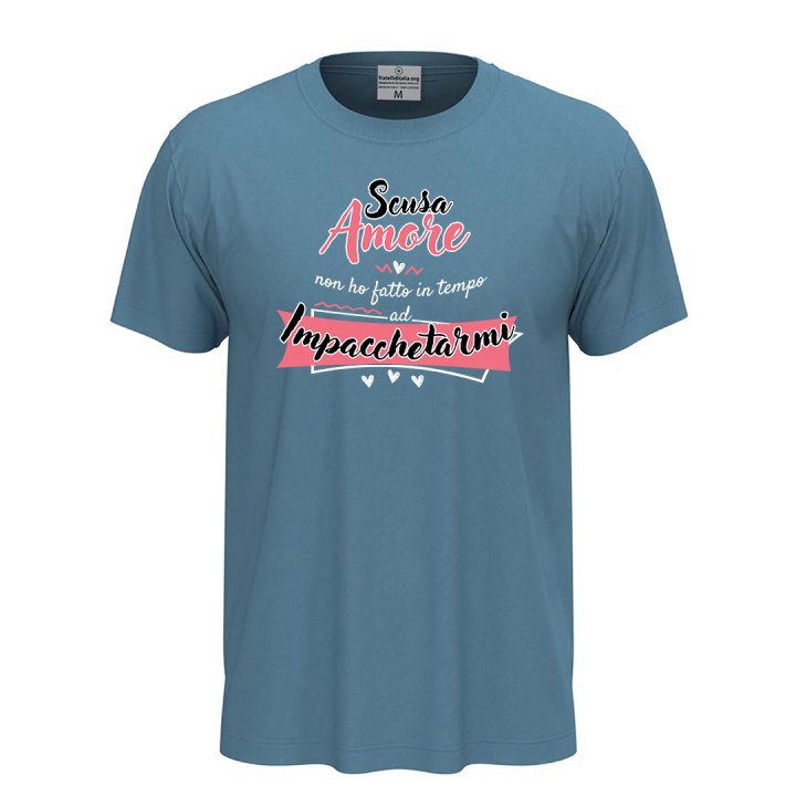 T-shirt classica unisex a manica corta con stampa "SCUSA AMORE" simpatica idea regalo per San Valentino.