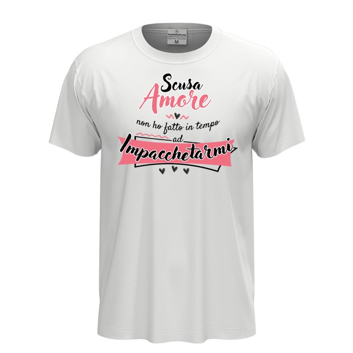 T-shirt classica unisex a manica corta con stampa "SCUSA AMORE" simpatica idea regalo per San Valentino.