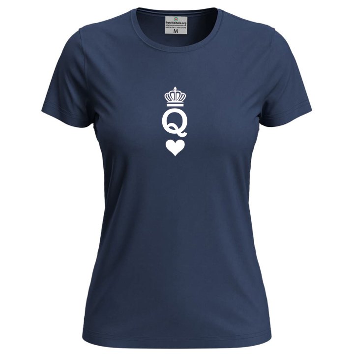 T-shirt classica donna a manica corta con stampa "QUEEN" regina carta gioco coppia San Valentino