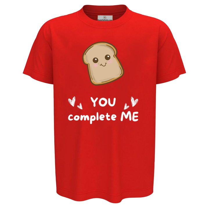 T-shirt maglia bambino mezza manica con stampa "pane YOU COMPLETE ME" idea regalo simpatica per fratelli bimbi