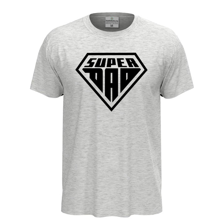 Short-sleeved T-shirt with "SUPER DAD" print, a fun gift idea for dads at birthday parties.