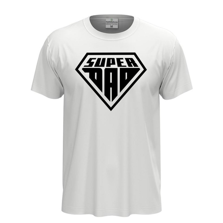 Short-sleeved T-shirt with "SUPER DAD" print, a fun gift idea for dads at birthday parties.
