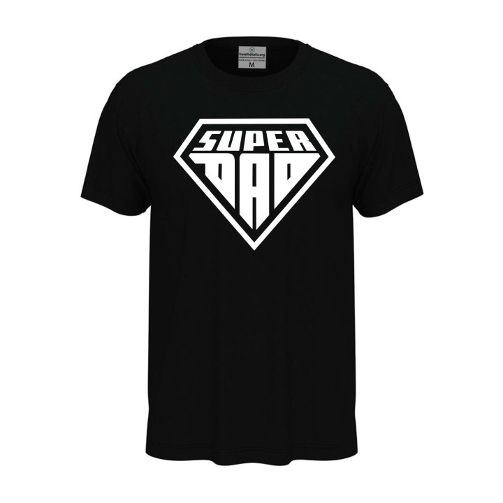 Short-sleeved T-shirt with "SUPER DAD" print, a fun gift idea for dads at birthday parties.