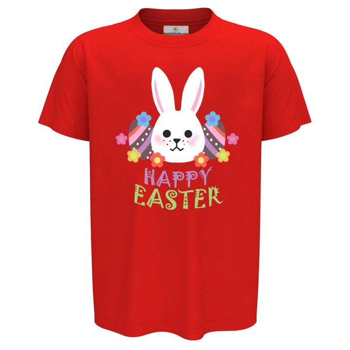T-Shirt maglia mezza manica bambino unisex a manica corta PASQUA ""HAPPY EASTER" regalo primavera coniglio pasquale