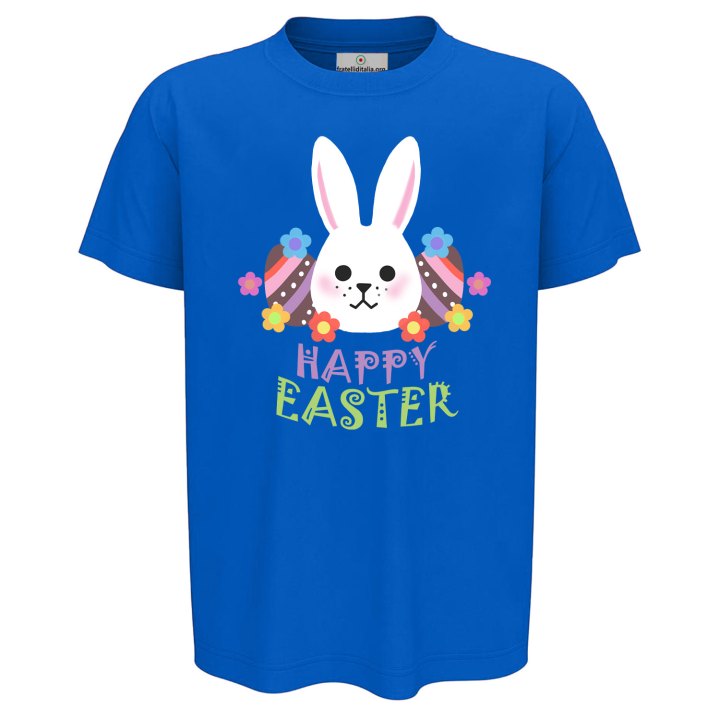 T-Shirt maglia mezza manica bambino unisex a manica corta PASQUA ""HAPPY EASTER" regalo primavera coniglio pasquale