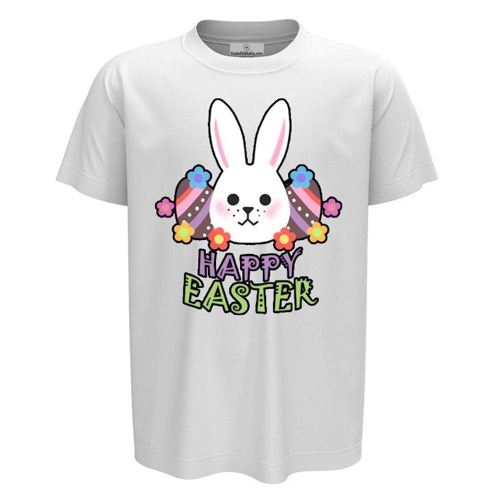 T-Shirt maglia mezza manica bambino unisex a manica corta PASQUA ""HAPPY EASTER" regalo primavera coniglio pasquale