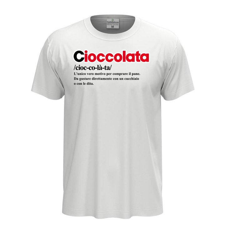 T-shirt maglia unisex a manica corta con stampa "DEFINIZIONE CIOCCOLATA", idea regalo fiera cioccolato