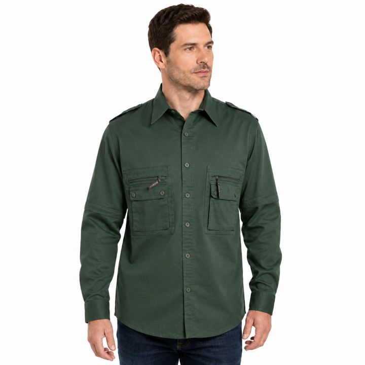 Camicia casacca manica staccabile caccia militare cotone tasche sportiva uomo