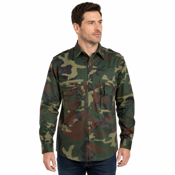 Camicia casacca manica staccabile caccia militare cotone tasche sportiva uomo