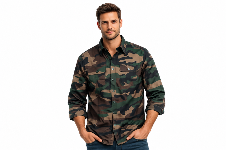 Camicia manica lunga cotone militare mimetica verde bottoni abbigliamento caccia