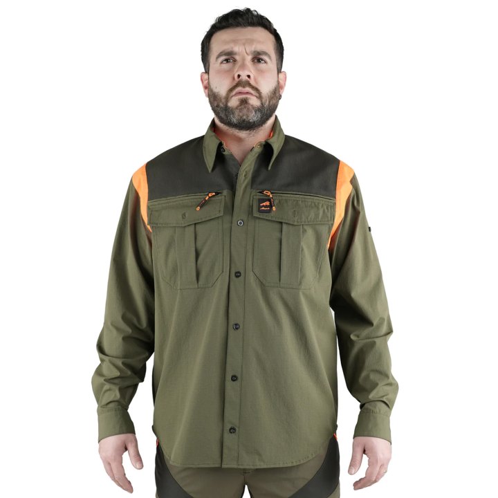 Camicia caccia verde arancio alta visibilita' fluo rinforzi ampie tasche frontali caccia outdoor