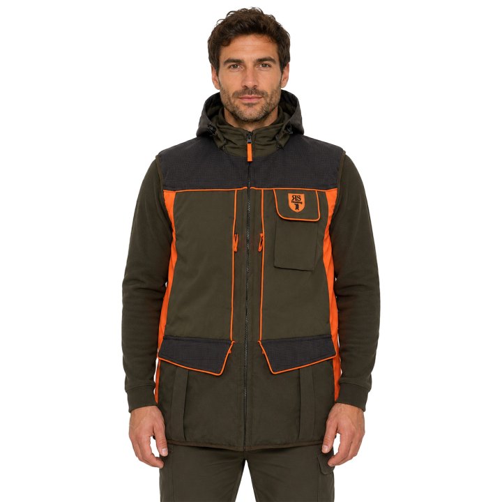 Gilet verde inserti arancio fluo tasche tasca porta palmare e carniere integrato